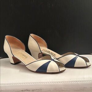 Salvatore Ferragamo White and Blue Heels